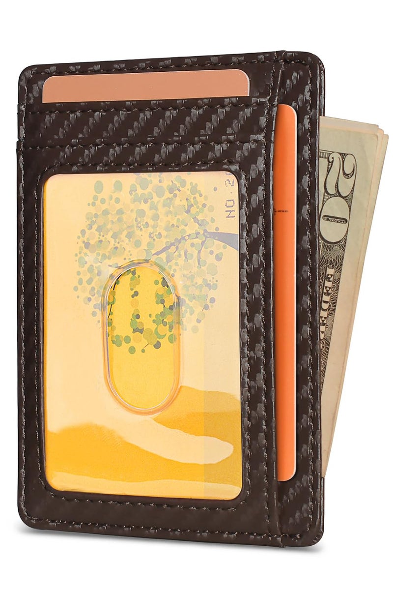 Buffway Slim Minimalist Front Pocket RFID Blocking Leather Wallets for Men and Women - Carbon Fiber Coffee - Image 2